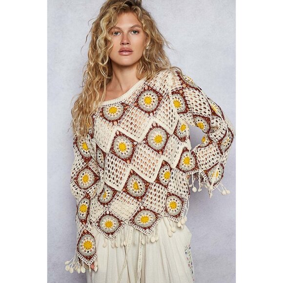 POL Cream Neutral Boho Hippy Oversize Retro‎ Diamond Crochet Festival Fringe Top - Picture 2 of 11